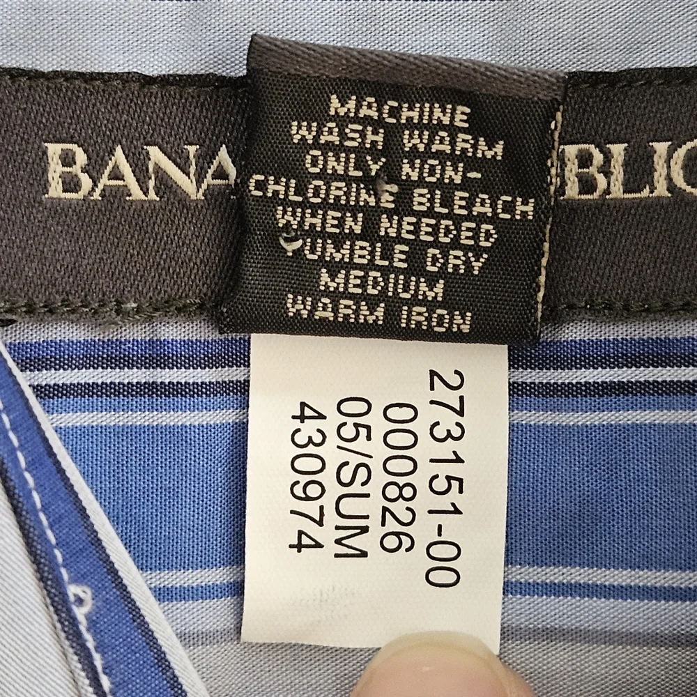 Banana Republic Men's Sz L Dusty Blue White Navy Stripe Button Up Shirt Long EUC